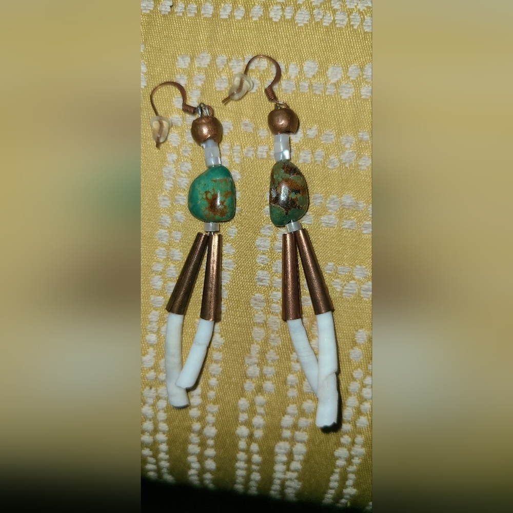 Copper, Dentalium shell, MOP, Variscite Earrings